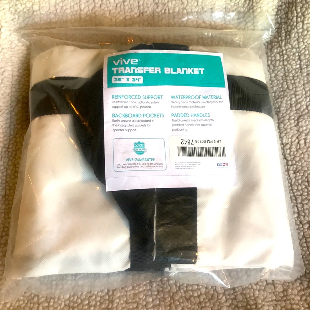 Vive Transfer Blanket 35”x 34” supports up to 500lbs, waterproof, padded handles